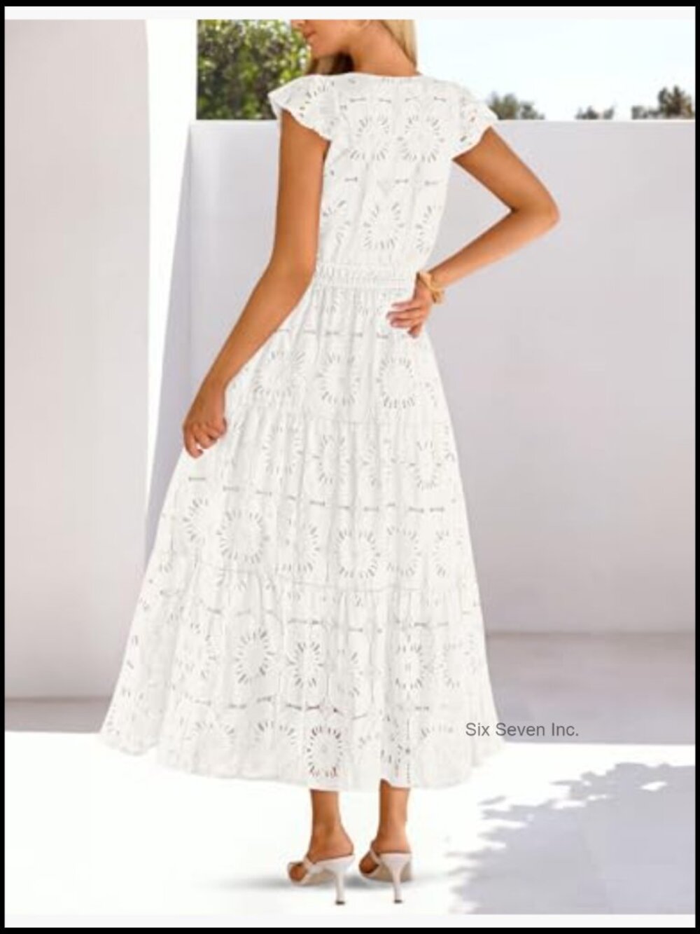 Women's Summer Lace Eyelet Maxi Dress Flutter Sleeve Tiered Boho Beach Vacation - Picture 4 of 7